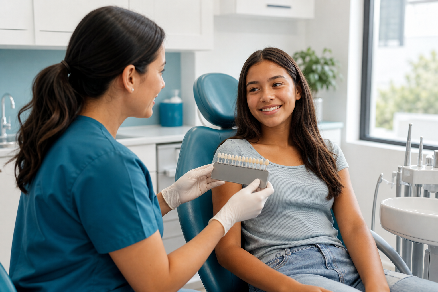 A pediatric dentist discussing a tooth shade guide with a teenage patient
