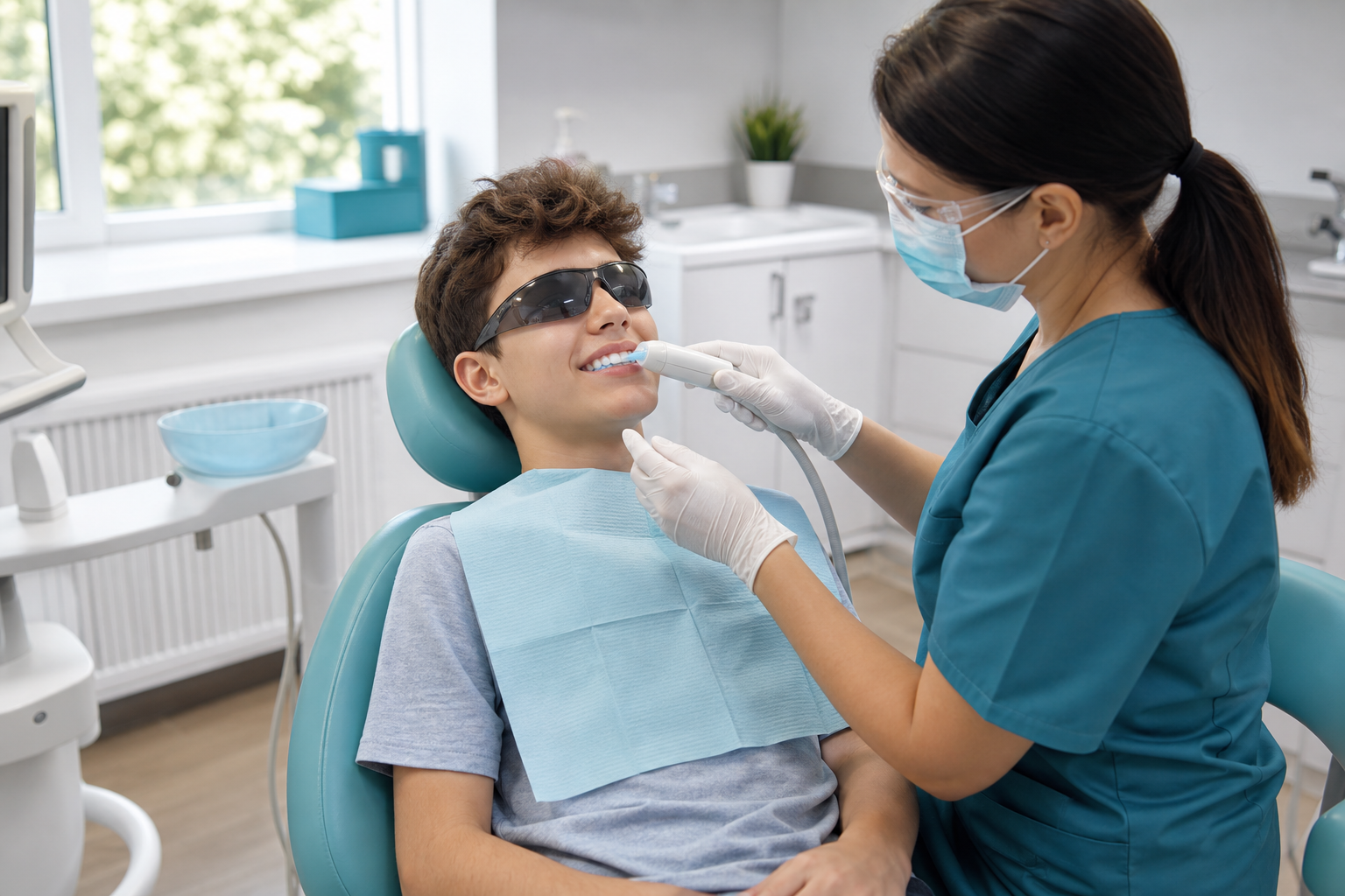 A teenager receiving a supervised teeth whitening treatment
